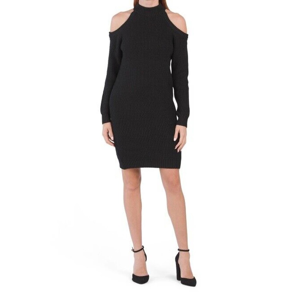 Tahari Long Sleeve Sweater Dress Size Medium Open Shoulder Black New